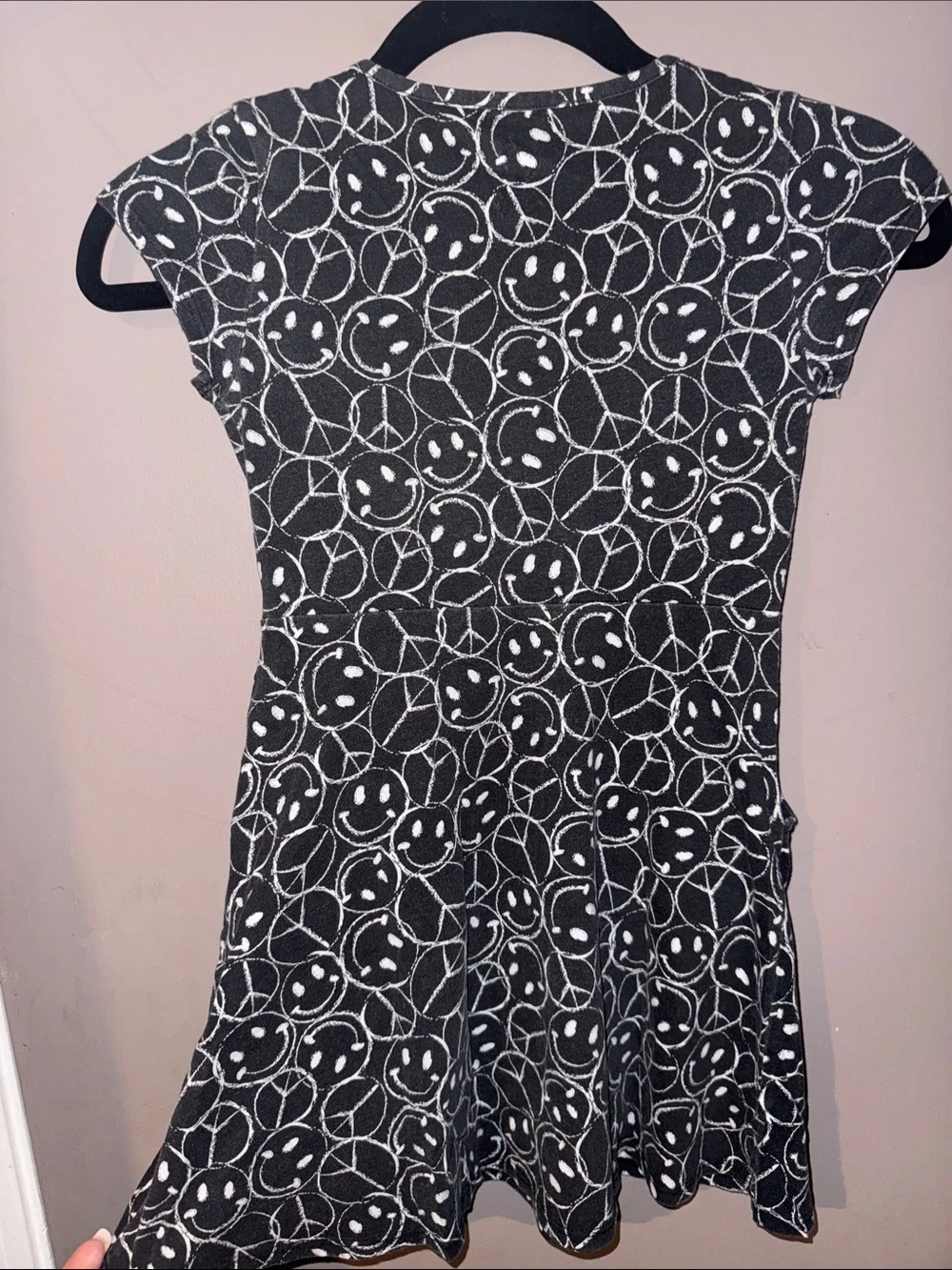 Girls Black Smiley Face Peace Sign Pattern Dress Set, Two Piece